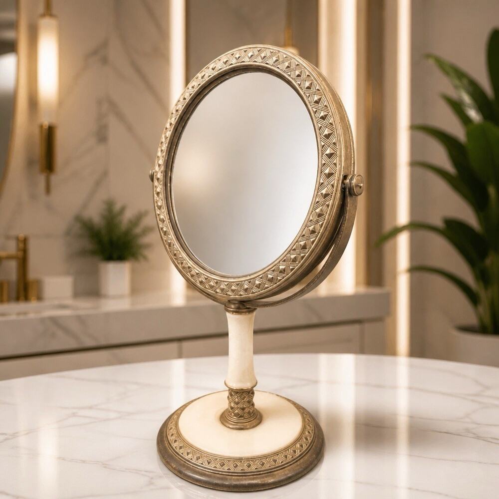 Vintage Elegant Art Deco Marble Base Fancy Swivel Makeup Vanity Mirror Brown